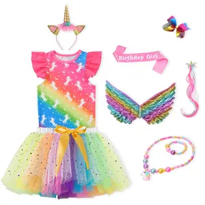 8PCS Girls Unicorn Cute Clothes Set Rainbow T-Shirt,Sequined tulle skirt Headband&Satin Sash. Birthday Party Princess Dress Flutter Sleeve Outfit