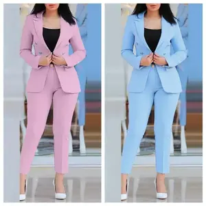 Women's 2-Piece Autumn Fashion Blazer & High Waist Work Pants Set Royal Blue Fitted Chic Minimalist Office Lady Formal Casual Business Suits Elegant Womenswear Long Sleeve Basic Trouser Style Top
