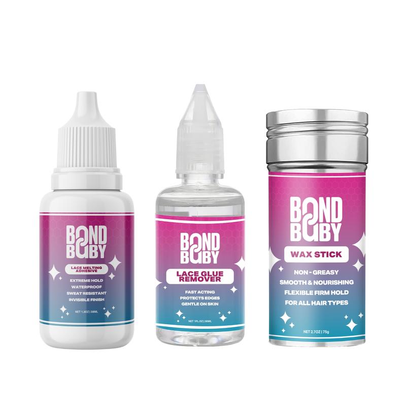 BondBaby Trio - Lace Melting Adhesive, Lace Glue Remover & Wax Stick for Haircare - Gentle Jojoba Formula - Strong Hold, Non-Greasy, Flexible Firm Grip