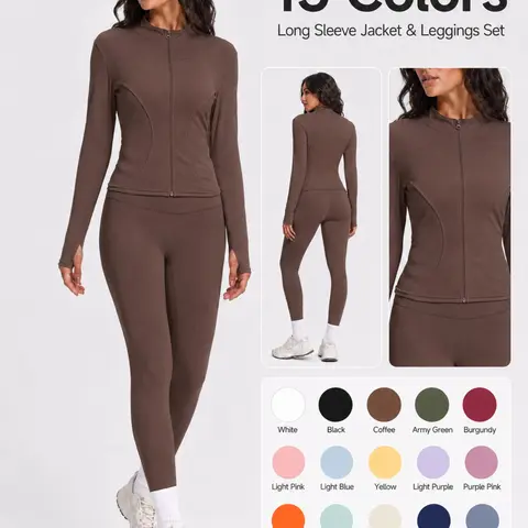 Women's Two-Piece Sportswear Set, Thumb Hole Zipper Long Sleeve Jacket + High-Waist Tight Pants, Soft Elastic Workout for Yoga, Fitness, Running, OOTD, High-Elastic Activewear, Gym Yoga Outfits, Solid Tracksuit Set