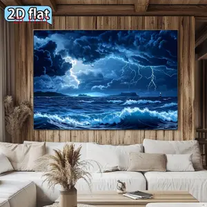 2D flat. 1pc Dark Blue Ocean Lightning Storm Theme Banner Background Cloth Shocking Natural Landscape Decoration Banner Tapestry