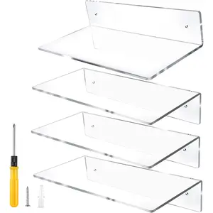 12 Inch L-Shaped  Floating Shelf Clear Wall Mounted Shelves Invisible 5MM Thick Shelf for Wall Storage Clear Shelves for Makeup Photo Picture Book Record Display 4 Pack