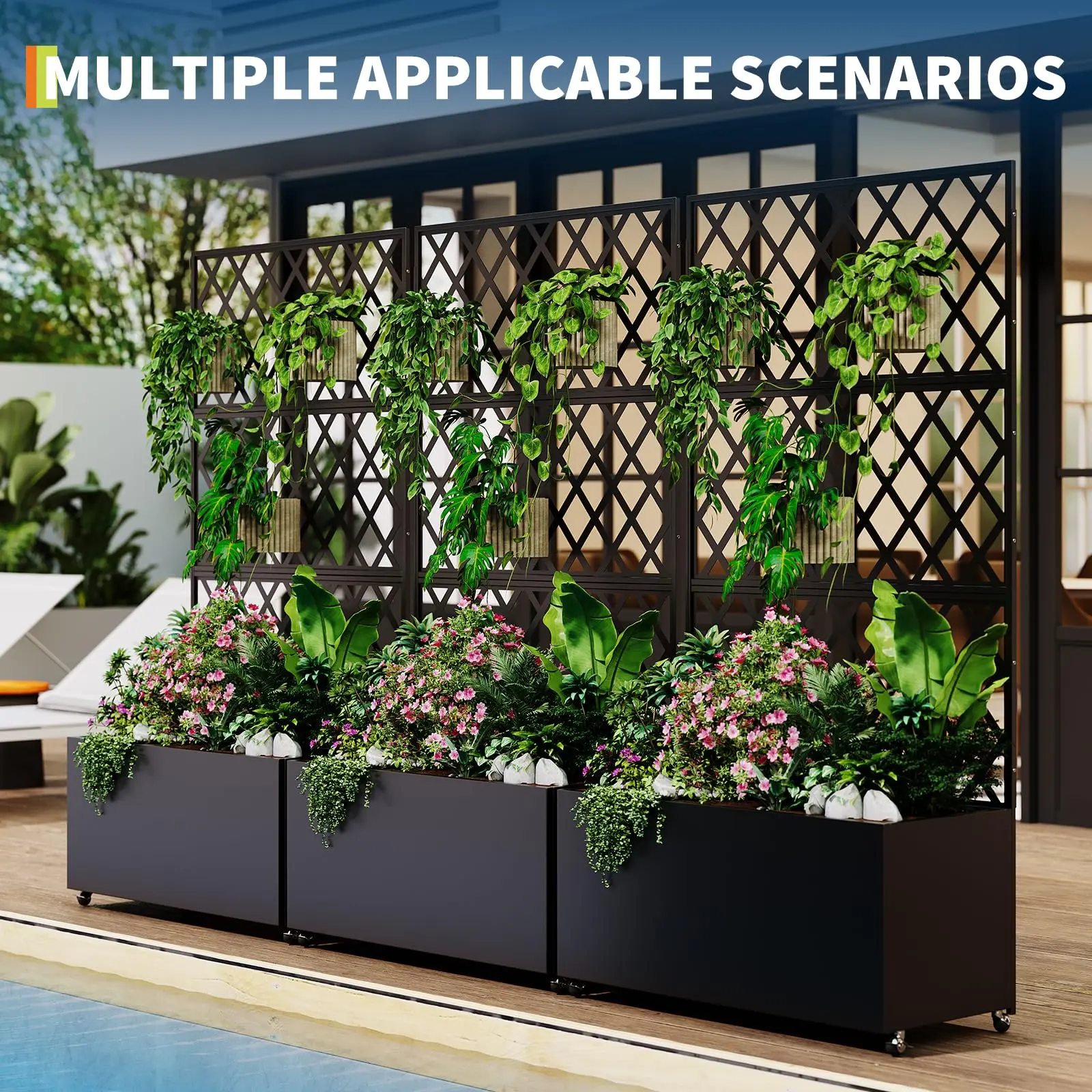 Gaomon Vertical Slim Profile Metal Heavy Duty Raised Garden Bed with Trellis-Privacy Screen, Lockable Wheels, Smart Drainage, Outdoor Planters for Vines, Vegetables on Patio, Heavy Duty Planter, Portable Garden Planters