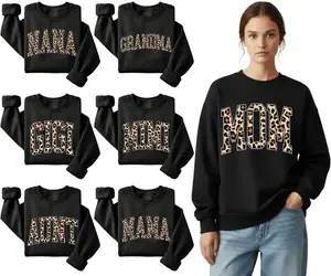 [Black] Custom Leopard Print Mama Sweatshirt, Personalized Mother's Day Gift, Black Crewneck for Mom Nana Gigi Mimi Granny Auntie, Retro Varsity Letter Pullover, Trendy Cheetah Print Gift for New Mom, S-3XL Plus Size