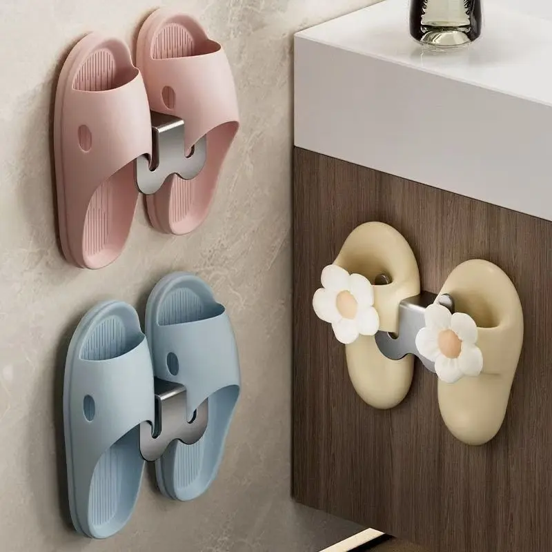 Wall Mounted Slipper Holder, Punch Free Slipper Storage Rack, Slipper Drain Rack, Home Organizer for Bathroom, Bedroom, Living Room