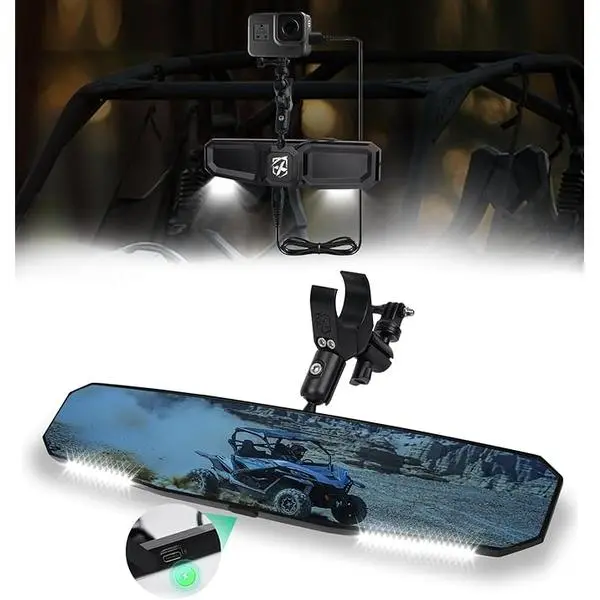 Xprite 13" UTV Rear View Mirror with Interior Lights, Aluminum Center Mirror w/Type-C Fast Charging Port & Camera Mount, Fits 1.5"-2" Roll Bars, Compatible with Polaris Ranger RZR, Can Am X3, Pioneer