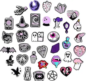 36pcs Horror Shoe Charms for Women, Halloween Witch Goth Shoe Decorations Charms Black Magic Pink Purple Accessories for Clogs Sandals Shoes, Birthday Gifts Party Favors Adults