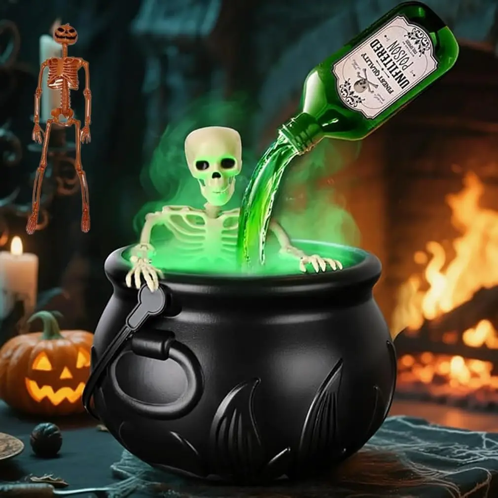 Halloween Witch Cauldron Decor with Magic Floating Potion Bottles, Essential Oil Diffuser & Smoke Machine, Indoor Decoration Set