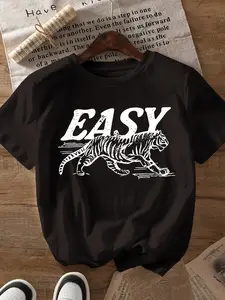 Women's Tiger Print Crew Neck T-Shirt - Casual Short Sleeve Top with Bold Animal Graphic, Medium Stretch Fabric, Machine Washable, All-Season Comfort Fit, Everyday Clothing, Playful Design, Nontransparent Material