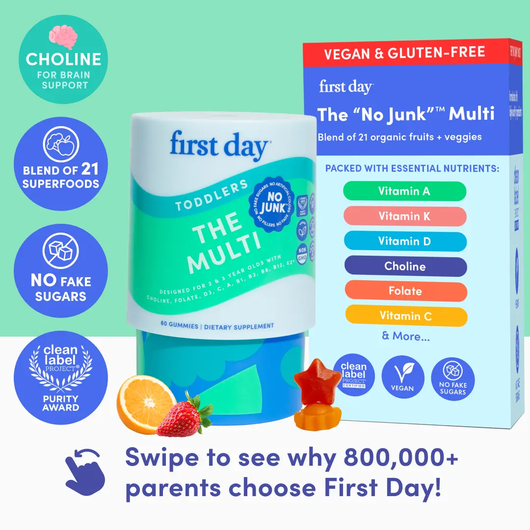 First Day Toddler Multivitamin Gummies Ages 2-3, Natural Strawberry Orange Flavor — 21 Organic Superfoods, 10 Key Nutrients, Vitamin C D3 B12 Choline — Immunity, Brain Development, Energy, Eye Health — 30-Day Supply, Vegan, Non-GMO, No Junk