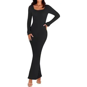 MEROKEETY Women's 2025 Fall Long Sleeve Bodycon Sweater Dress Square Neck Ribbed Knit Party Maxi Dresses