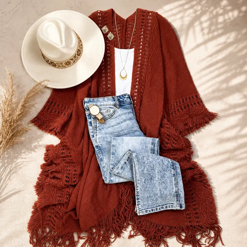 Kayla Cozy Bohemian Ruana Womenswear Boho Chic Coats Jackets Tops Women Comfort Basic Long Sleeve
