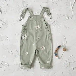 Spring/Summer/Autumn baby green soft, comfortable, loose-fit romper with delicate floral embroidery (one romper, no shoes, hats, or other accessories included).