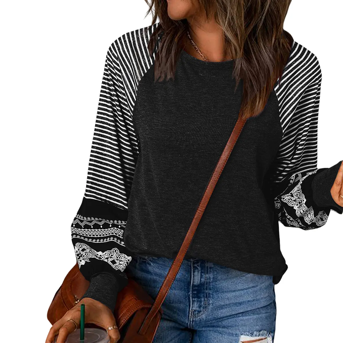 Asvivid Women's Striped Round Neck Raglan Lantern Long Sleeve Pullover Tunic Top sohochic