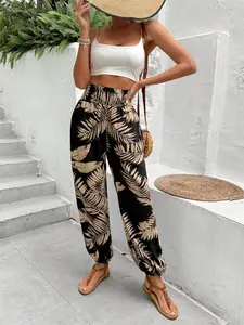 Summer Womenswear Relaxed Fit Palm Leaf Print Lantern Pants, High Stretch Elastic Waist, Casual Tapered Tropical Design for Beach Outings, Bottoms