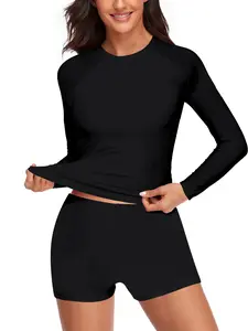 Custom Print Women Long Sleeve Swimsuit Set, Nylon Front Partial Heat Transfer Print Swim Top + Boyshorts with Detachable Chest Pads, Modest Sport Bathing Suit for Swimming Surfing Diving Water Park Hot Spring Beach Vacation