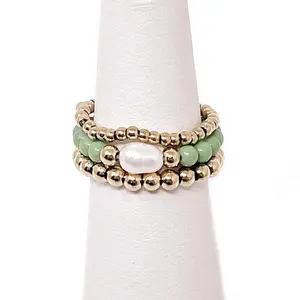 Grassy Green Agate and Pearl Triple Ring Stack