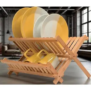 2-Tier Foldable Bamboo Dish Rack for Kitchen Countertop - Space Saving Drying Organizer for Plates, Bowls & Cups - Wooden Dish Drainer with Collapsible Design - Natural & Sturdy Storage Solution