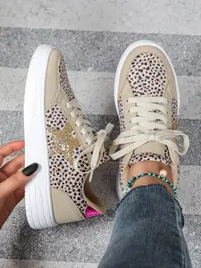 Women's Trendy Colorblock Leopard Print Outdoor Couple Skate Shoes, Casual Sneakers, Comfortable Lightweight Low Top Breathable Casual Sports Shoes