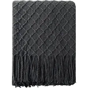 Knitted Throw Blanket, Lightweight and Soft Cozy Decorative Woven Blanket with Tassels for Travel, Couch, Bed, Sofa, 51x67 Inches, Dark Grey Checkered