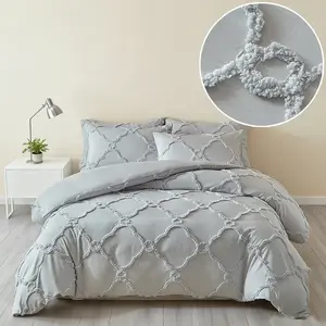 Washable grey tufted duvet cover set (2/3 pieces), Decorative duvet cover, 3D geometric diamond pattern, soft, comfortable, durable bedding, farmhouse-style breathable, available in 9 sizes, unisex