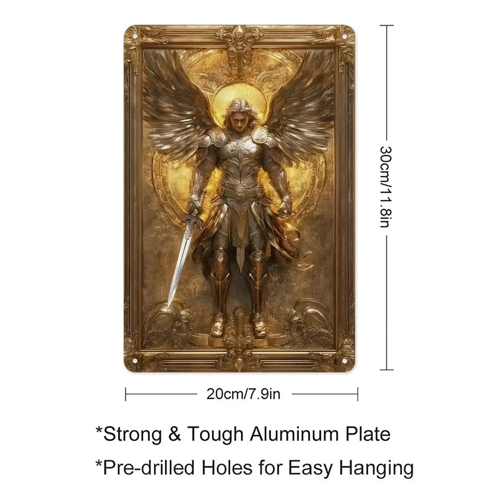 8x12 Inch Archangel Michael Golden Wings Metal Tin Sign - Vintage Art Decoration Poster, Pre-Drilled for Easy Hanging - Ideal for Home, Restaurant Wall Decor & Outdoor Plaque