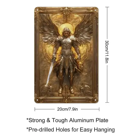 8x12 in Religious Archangel Michael Gold Tone Aluminium Metallic Accent Hangable Plaque - Vintage Artistic Indoor Home Decor Sign, Pre-Drilled Easy-Hang Holes, Instant Focal Wall Accent, Angel Wing Backdrop Speciality Plaque