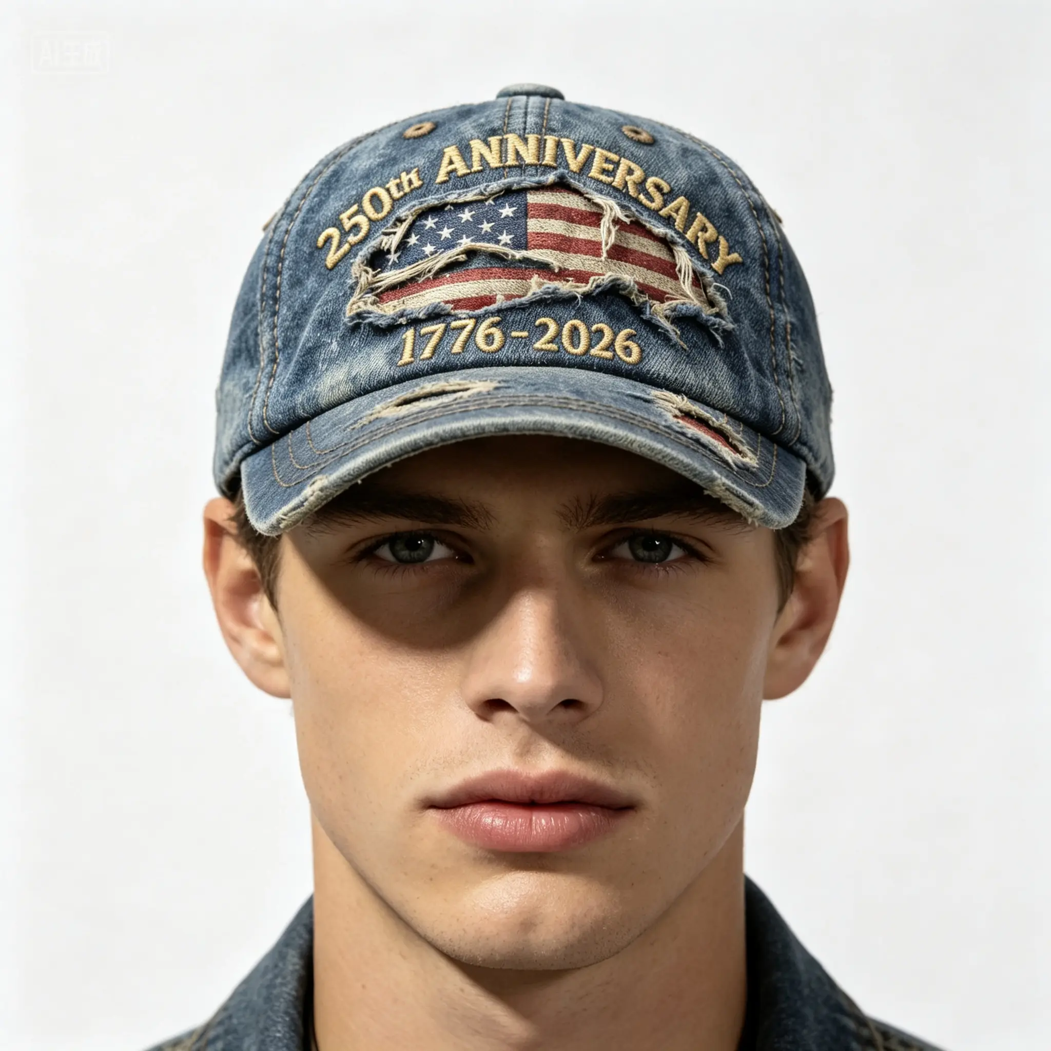 Vintage Distressed Denim Baseball Cap for Men with American Flag Lettering, 250th Anniversary Hat for Daily Casual Wear, Machine Washable, Distressed Denim Material, Relaxed Fit, Male Size, Washed Effect, Flag Embroidery, Everyday, Hole, Letters