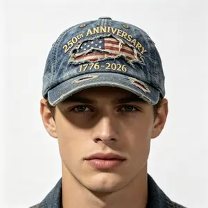 Men's Baseball Cap, Vintage Washed Distressed Denim with 1776-2026 250th Anniversary and American Flag Embroidery, Relaxed Fit for Daily Casual Wear