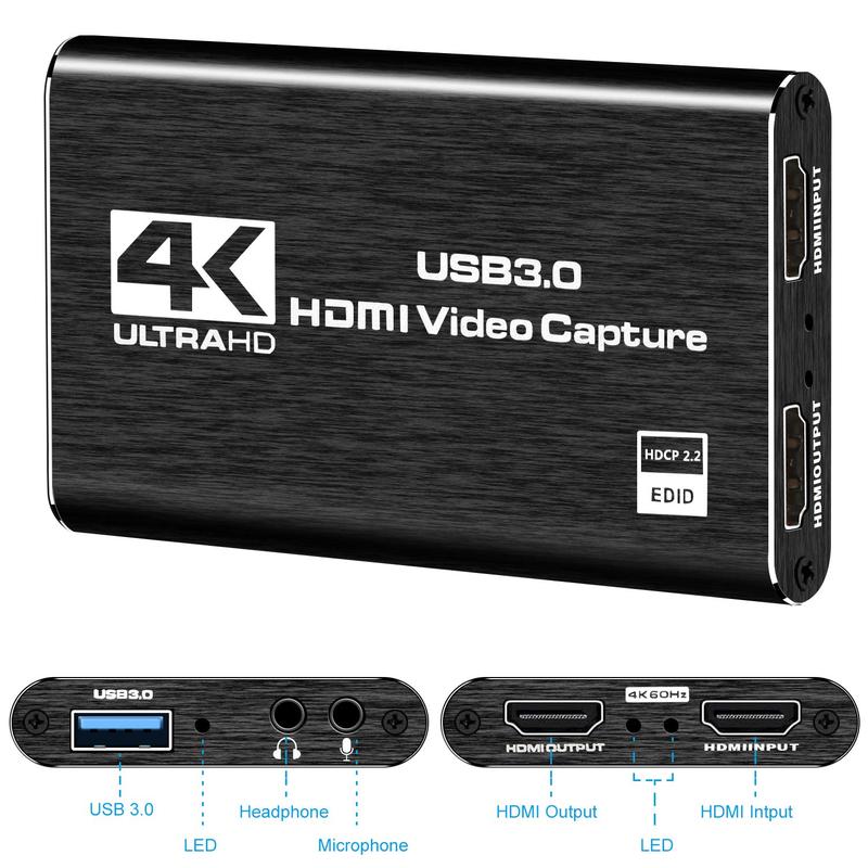 Capture Card, Audio Video Capture Card with Microphone 4K HDMI Loop-Out, Video Recorder for Gaming/Live Streaming/Video Switch/PS4/OBS/Camera/PC Accessories Conference