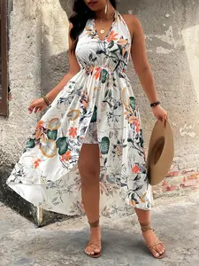 【Plus Size】 Two-piece Set Floral Print Split Hem Top & Shorts Set, Boho Casual Two-piece Outfits for Beach Vacation Holiday, Women's Clothes for Summer