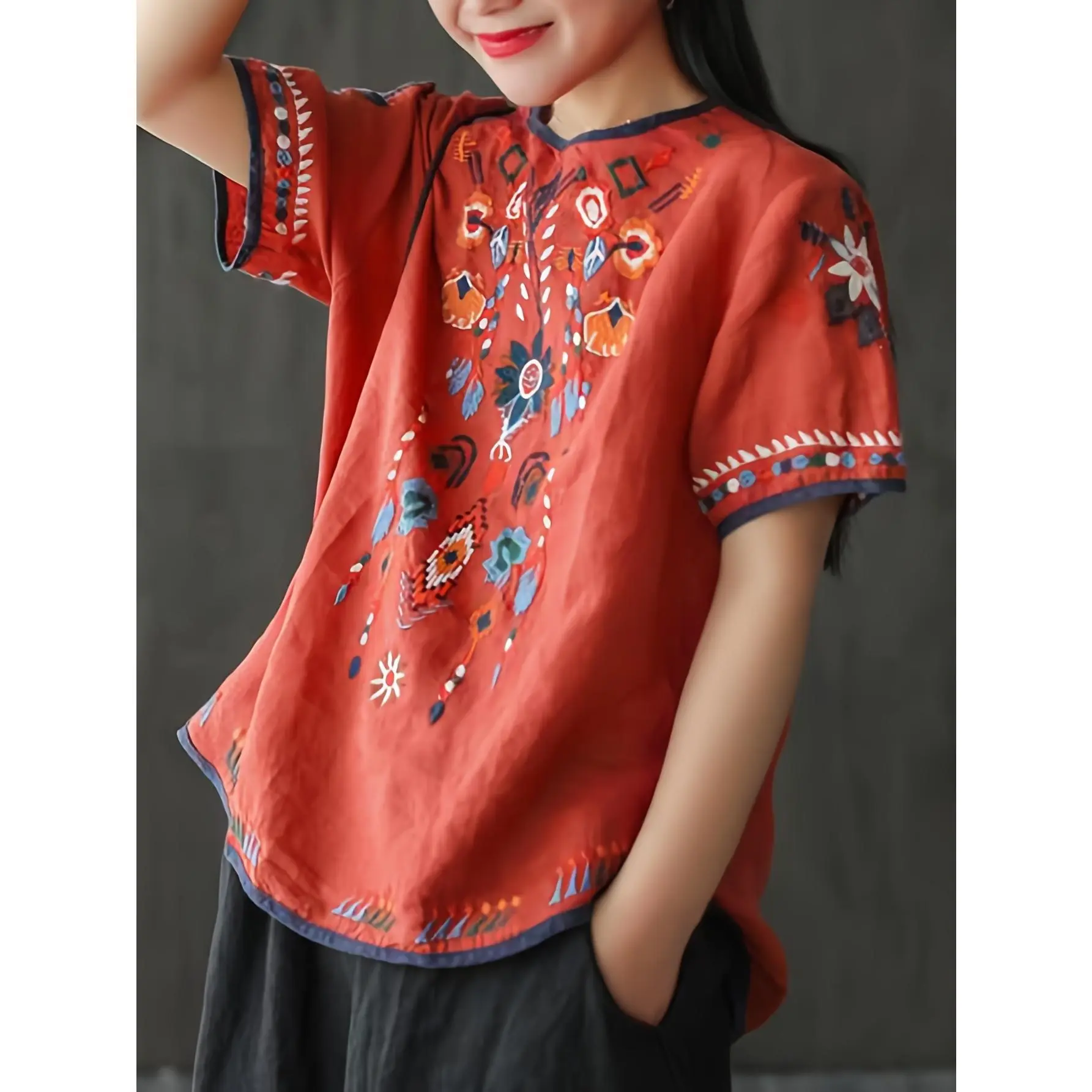 Linen Peasant Blouse - Embroidered, Short Sleeve, Boho Mexican Style, Casual Women's Tunic Top
