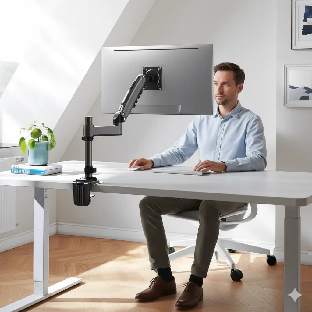 HUANUO Single Monitor Arm for Gaming & Home Office, Fits up to 32", Holds 19.8 lbs, C-Clamp/Grommet Mounting