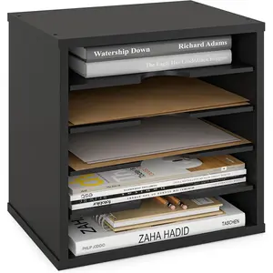 5-Tier File Organizer for Desk, Wooden Mail Sorter, Office Desk Organization, Paper Storage Organizers, Folder holder for desk, Letter Trays & Stacking Supports, Adjustable Shelves, Black