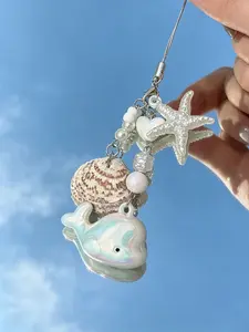 Kawaii Ocean Charm Phone Strap,Cute Whale Shell Starfish Bead Keychain, Aesthetic Beach Phone Charm for Girls, Adorable Mobile Accessory
