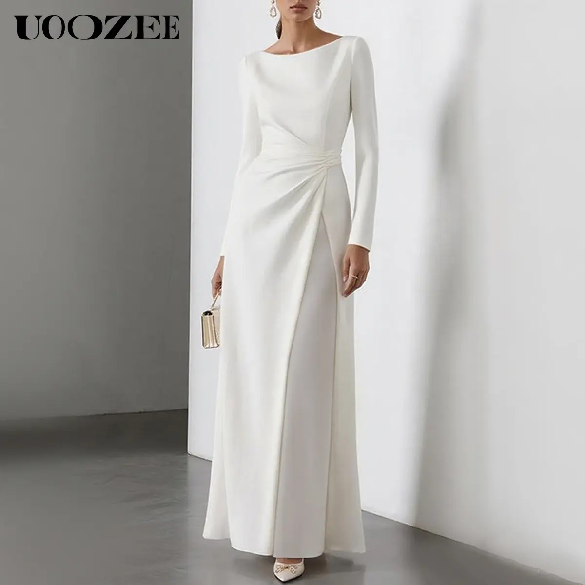 UOOZEE Elegant White Dress, Women's Fashion One Piece Collar, Waist  cinched, High Split, Long Sleeve Temperament, Long Party Dress - TikTok Shop