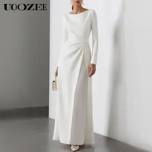 UOOZEE Elegant White Dress, Women's Fashion One Piece Collar, Waist cinched, High Split, Long Sleeve Temperament, Long Party Dress