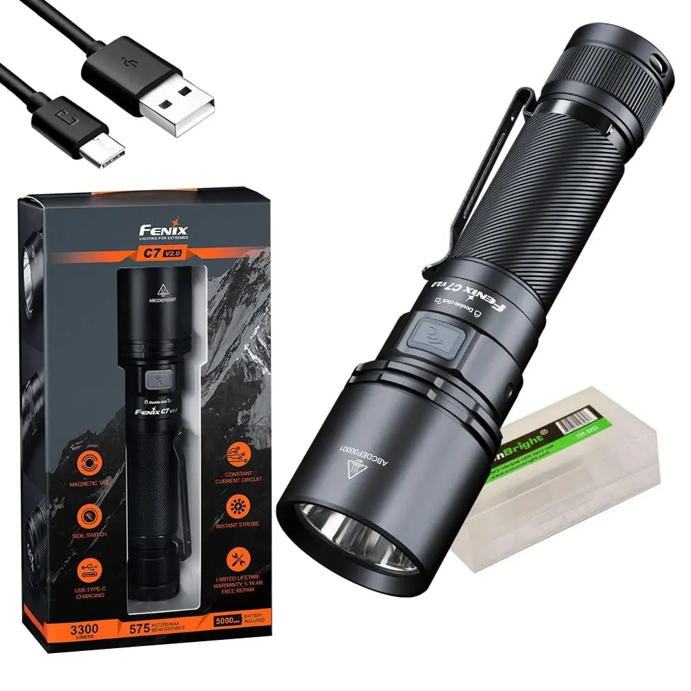 Fenix C7 V2 3300 Lumens Magnetic Base, USB Rechargeable Duty Flashlight with Edisonbright Acc Carrying case