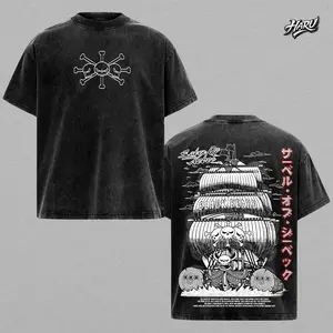 Blackbeard – OP Vintage Washed Oversized T-Shirt, Saber of Xebec Pirate Ship Graphic Tee, Dark Manga Streetwear, Heavyweight Cotton Unisex Top, Washed Casual Wear, Gift for Anime Fans