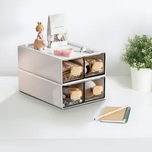 2 PACK Desk Organizer with Drawer Stackable Storage Drawer Small Desktop Drawer Plastic Clear Desk Organization Storage Box for Accessories, Markers, Clips, Cables (White,M-2 Drawer,Pack of 2)