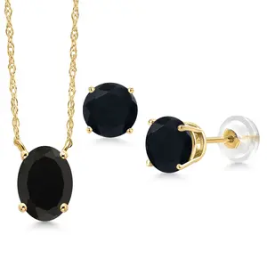 Gem Stone King 14K Yellow Gold Black Onyx Pendant Earrings Jewelry Set For Women | 3.20 Cttw | Gemstone December Birthstone | Oval 8X6MM | with 18 Inch Chain