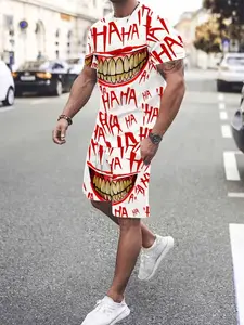 Men's 3D Digital Print T-Shirt & Track Shorts Set, 100% Polyester, Breathable, Short Sleeve, Round Neck, Summer Outdoor Wear, Matching Shorts Set, Tee Shorts Set