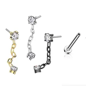 20G/18G/16G Long Dangle Chain Stud • Threadless Flat Back Studs • Push Pin Labret • Flat Back Earring • Tragus Stud • Flat Back Upper Ear Stud • Helix Stud • Ear Cartilage Stud • Threadless Earring • Dangle Stud • Implant Grade Titanium • Silver • Gold