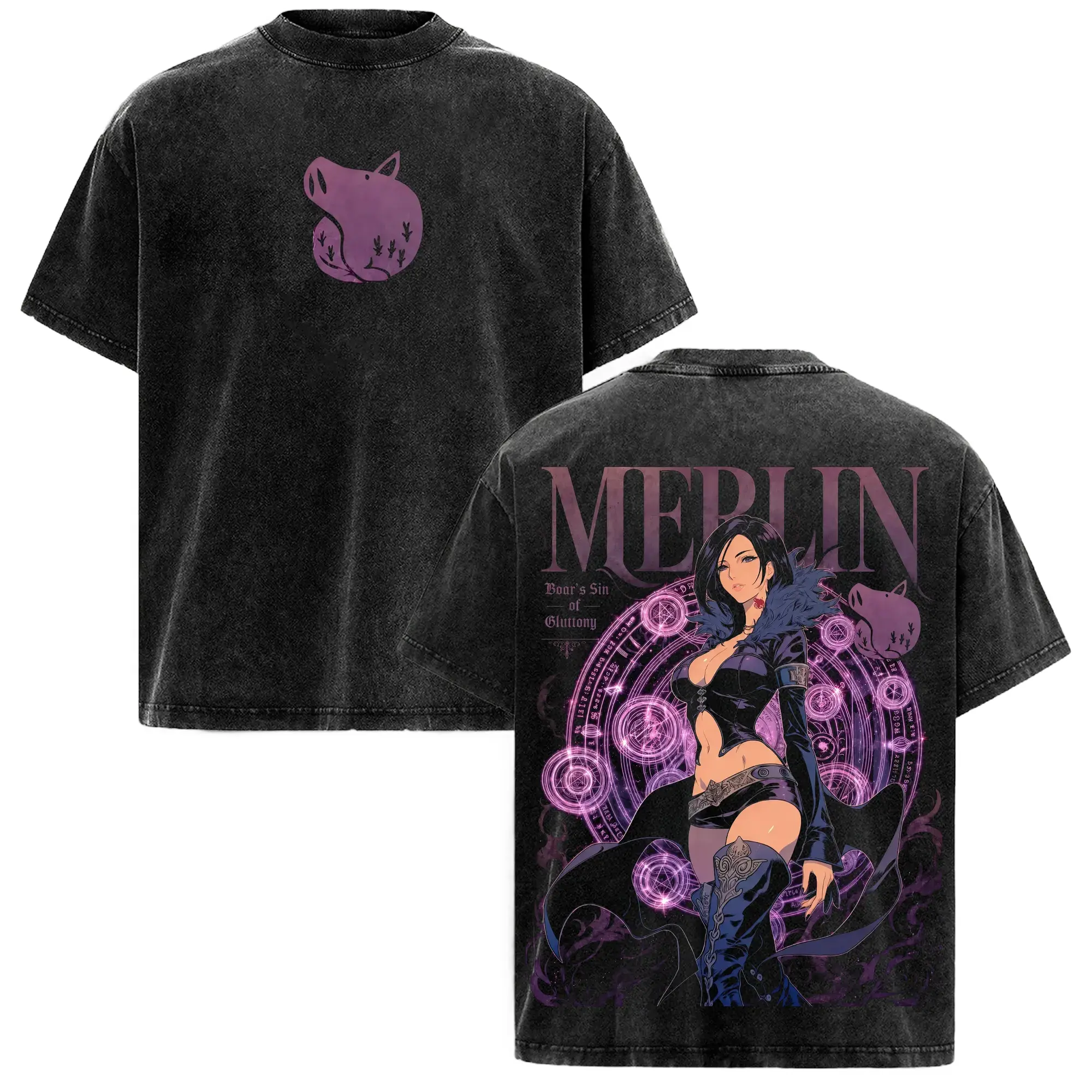 Merlin Seven Deadly Sins Double Printed Vintage Acid Wash Shirt, Anime Manga Fantasy Characters Graphic Tee, Oversized Streetwear Heavyweight Cotton Fan Gift