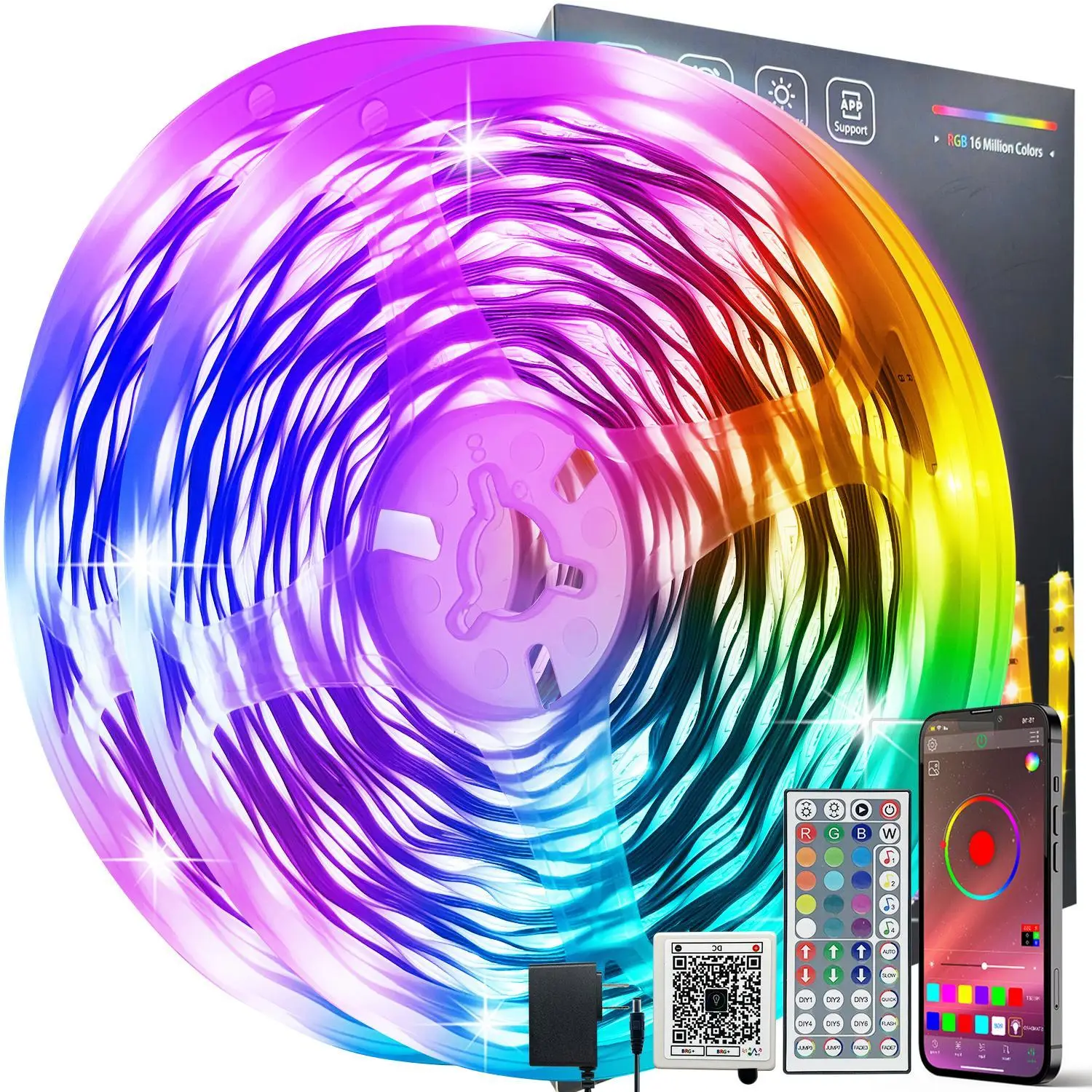 100ft 50ft LED Strip Lights Smart APP control RGB Music Sync Color changing strip lights with 44 Keys Remote Led Lights for Bedroom Party Decor