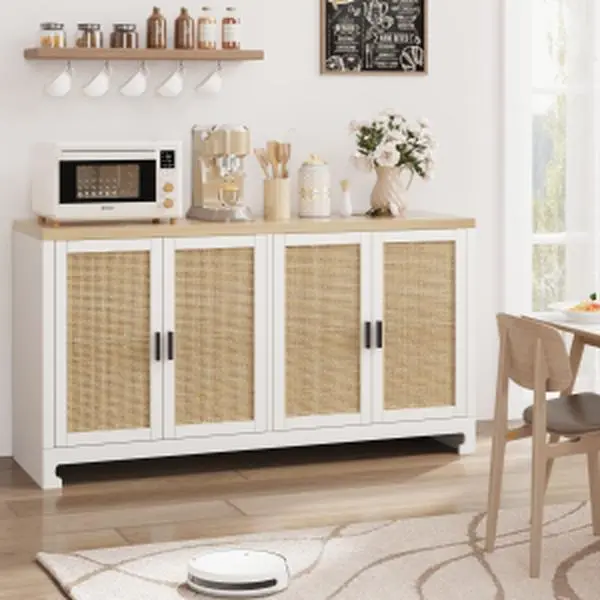 【GARVEE】Buffet Cabinet, Rattan Storage Cabinet with 4 Doors and Shelf, Sideboard Buffet Cabinet with Storage, Accent Cabinet Console for Dining Room, Living Room, Hallway