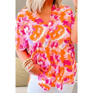 Printed V-Neck Short Sleeve Blouse