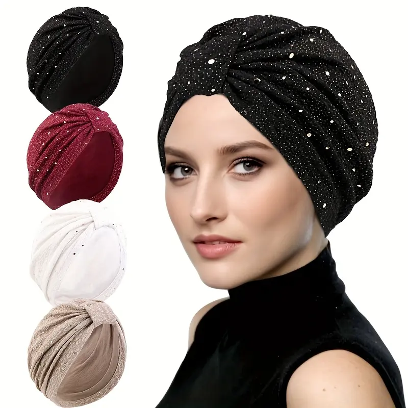 4Pcs Women's Shimmering Sequin Headscarves - Elastic Turban-Style Scarf for Muslim Fashion, Washable Multi-Colored Elegant Accessory for Both Casual And Formal Events