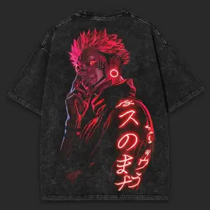Men's Ryomen Sukuna Jujutsu Kaisen Oversized Thick Casual Round Neck Short-Sleeve Washed Heavy Cotton Neon Red Double-Sided Graphic T-Shirt, Anime Collector Essential, S-5XL