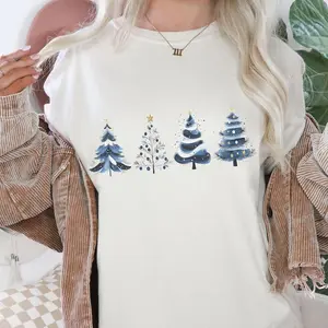 T-Shirt Christmas fir trees sweet blue - Christmas trees watercolor - Winter Boho Clothing Winter Shirt Cottagecorestyle Christmas Shirt